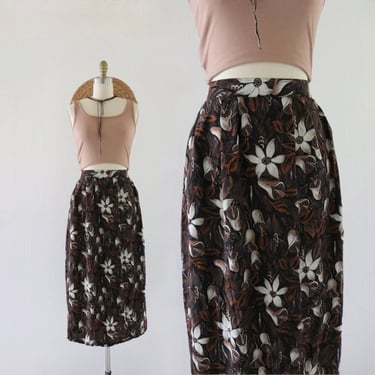 calla lily skirt - l - vintage 90s y2k womens brown floral spring summer dark floral minimal midi skirt 