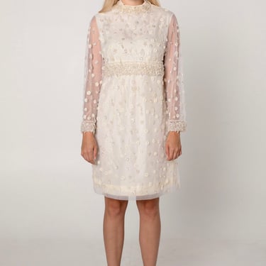 1960s Ivory Embellished Cocktail Shift Dress