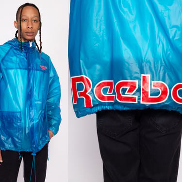90s Reebok Clear Blue Vinyl Plastic Rain Jacket - Men's Large | Vintage Streetwear Spell Out Logo Plastic Raincoat 