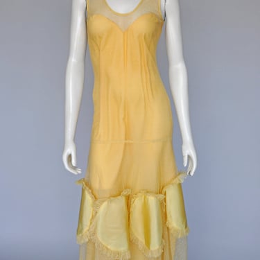 antique vintage 1920s yellow polka dot mesh maxi dress XS-M 