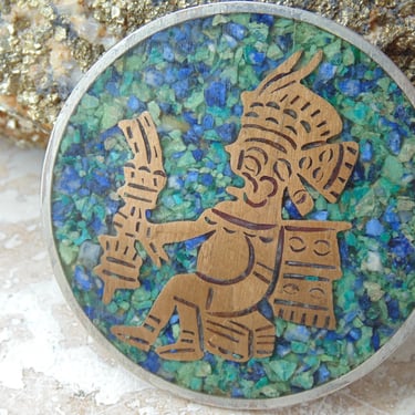 Mexican Sterling Silver and Brass Warrior with Crushed Stone in Enamel Brooch 