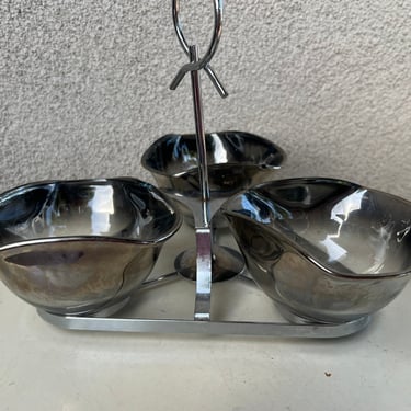 Vintage MCM chrome caddy with 3 silver fade glass bowls serving ware 