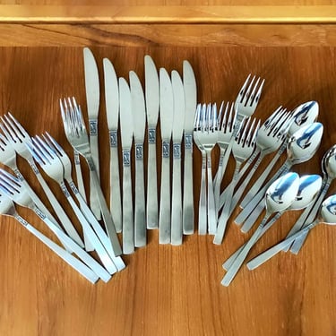 service for 8 vintage stainless flatware Continental Japan brushed handles scroll detail 
