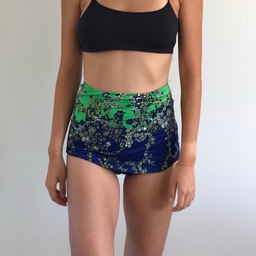 70s swimwear / vintage high waisted full cover bathing suit lime navy boy short swimwear bottoms | Small 