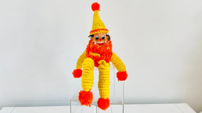 Vintage 1970s Retro Groovy Crochet Knit YoYo Yo-Yo Circle Jester Doll Clown Yellow Orange 