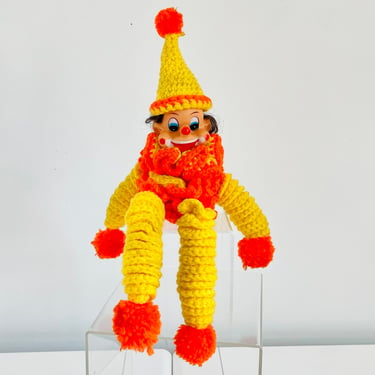 Vintage 1970s Retro Groovy Crochet Knit YoYo Yo-Yo Circle Jester Doll Clown Yellow Orange 