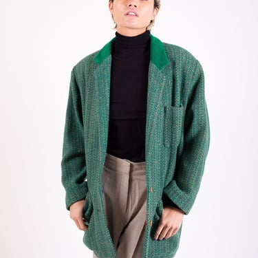 Vintage KENZO 90s Oversized Green Tweed Multi Pocket Blazer with Corduroy Lapels Slouch Fit Coat Album Kelly Green 