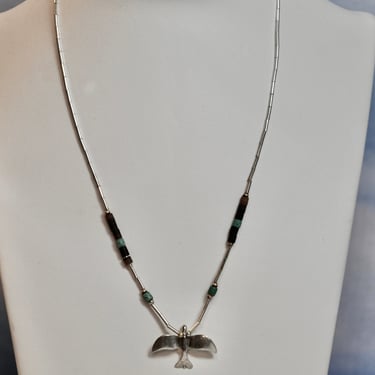 Native American Liquid Sterling Silver Turquoise Heishi & Bench Beads + Sterling Eagle Fetish Necklace Rare 1950's Gift for Her Old Pawn 