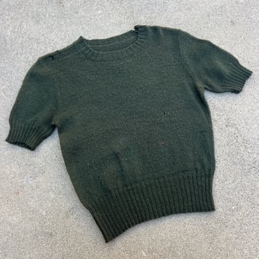 Vintage 1930s Dark Green Wool Knit Sweater Short  Sleeves  Dress Blouse Top