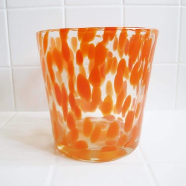 Vintage Orange Spotted Glass Pot - Speckled Murano Style Wide Flower Vase - Quirky Colorful Home Decor 