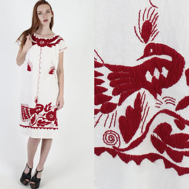 Made In Mexico Embroidered Birds Dress / White Cotton Mexican Dress / Floral Vacation Caftan Peacock Dress 