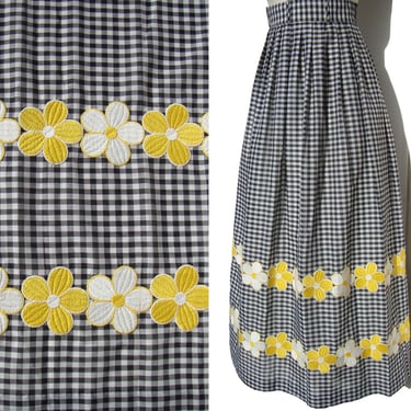 Vintage 60s Gingham Maxi Skirt B&W Gingham Daisy Flowers S 
