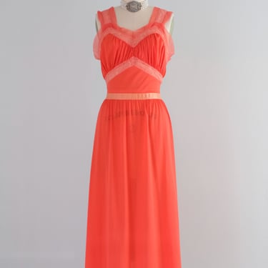 Vintage 1950's Poppy Red Nylon & Lace Slip Gown / XS