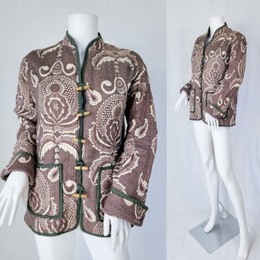 1970's Indian Block Print Brown Cotton Quilted Jacket I Sz Med I Chandni I Toggle Buttons 