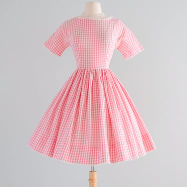 Perfect 1950's Pink Gingham Cotton &amp; Lace Day Dress / Sz S