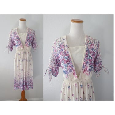 Vintage Sheer Floral Dress - 70s Flower Print Midi Dress - Plunging Neckline - Spring Summer Bohemian Boho Hippie Size Medium 