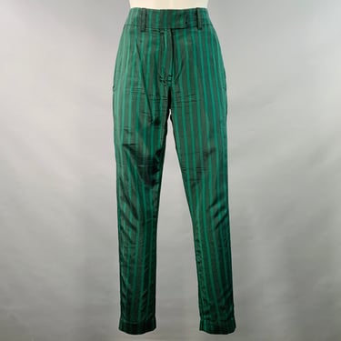 ANN DEMEULEMEESTER Size 6 Green Black Cupro Stripe Flat Front Dress Pants