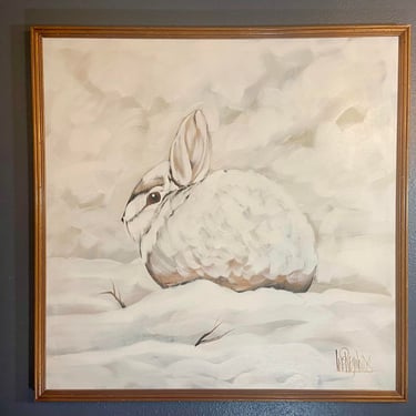 Vintage Large oil Painting, Rabbit on a Snow Day, American Art, Signed Lee Reynolds 
