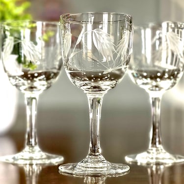 VINTAGE: 5pcs - Etched Wheat Pattern Crystal Wine Glasses - Smooth Stem - By Noritake Sasaki - Celebrating - SKU 