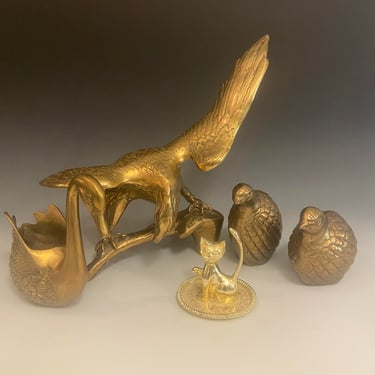 Set of 5 Vintage  Statues Brass Birds and Silver Plated Cat Ring Holder 
