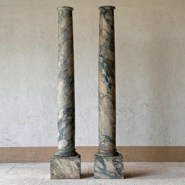 Pair of 18th C. French Blue Faux Marble Wooden Columns on Plynths