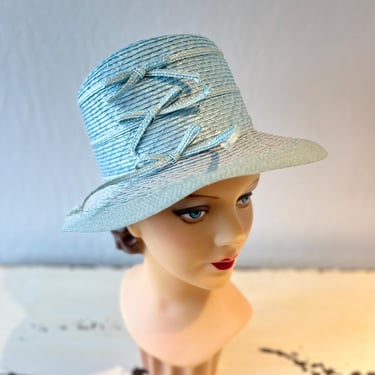 Paris Collections - Vintage 1962 1963 Yves Saint Laurent Egg Blue High Crown Wide Brim Straw Hat - Museum Quality 