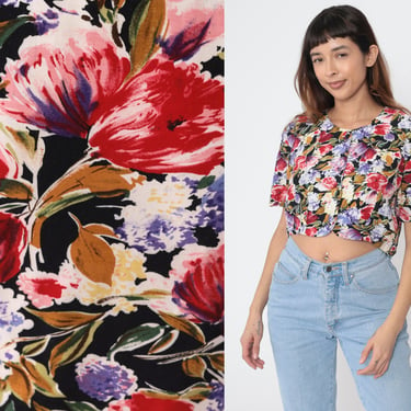 90s Floral Crop Top Black Watercolor Flower Print Cropped Shirt Vintage Button Up Blouse 1990s Short Sleeve Rayon Red Purple Medium 