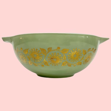 Vintage Pyrex Bowl Retro 1960s Mid Century Modern + Medallion Pattern + 443 + Green and Gold + Ceramic + Cinderella Style + Kitchen Storage 