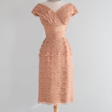 Stunning 1950's Toffee Tiered Lace Cocktail Dress / SM