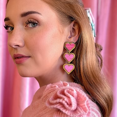 Pink Textured Valentines Day Heart Dangle Earrings