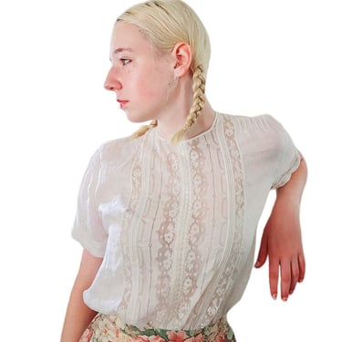 Vintage 30s White Blouse Lace Front Back Buttons Short Sleeves 