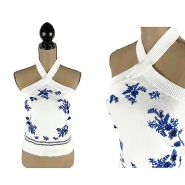 XS Y2K Cotton Knit White Halter Top with Blue Embroidery, Cottagecore Summer Tops, Romantic Hippie Boho, 2000s Clothes Women Vintage LOFT 