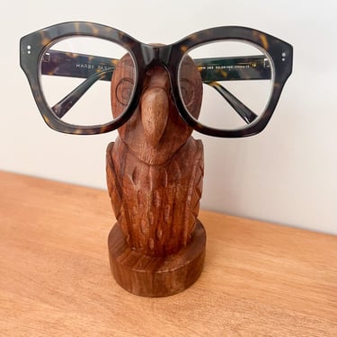 Vintage Hand carved Wooden Owl Eye Glass Holder.  Eyeglass Stand for Desk or Nightstand. 