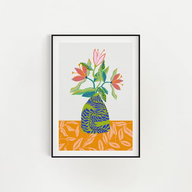 Flower Bouquet Art Print - Botanical Inspired Art, Orange and Blue Wall Art, Cubicle Decor 