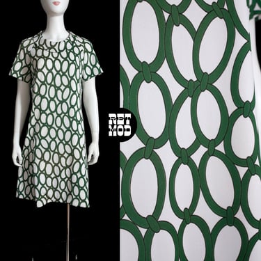 Classy Vintage 60s 70s Green & White Links Patterned Scooter Dress 