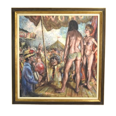 Richard Hauser Oil Painting Traveling Burlesque Dancers w Carnival Barker and Crowd 