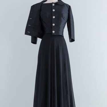 Elegant 1960's Black Silk Chiffon Evening Gown With Matching Jacket / ML