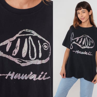 Hawaii T-Shirt 90s Metallic Shirt Iridescent Tropical Fish Graphic Tee Travel Souvenir TShirt Single Stitch Black Vintage 1990s Large L 