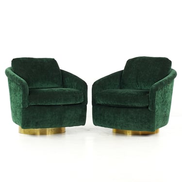 Milo Baughman Style Mid Century Brass Base Swivel Lounge Chairs - Pair - mcm 
