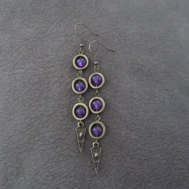 Purple frosted glass earrings, geometric earrings, artisan bronze 
