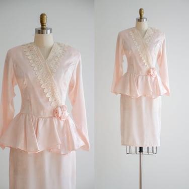 pink peplum dress 80s vintage blush pink peach jacquard lace dress 