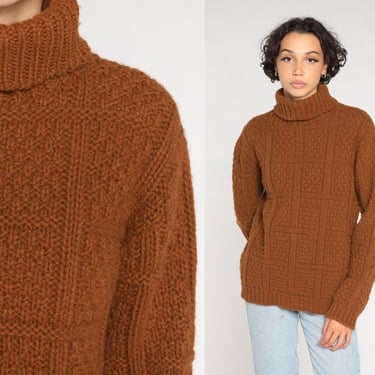 Brown Turtleneck Sweater 70s Chunky Knit Sweater Wool Blend Retro Pullover Turtle Neck Jumper Textured Knitwear Vintage 1970s Medium Large 