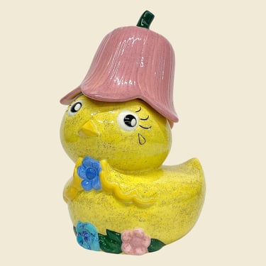 Vintage Cookie Jar Retro 1970s Mid Century Modern + Yellow + Baby Chick + Tulip Hat + Ceramic + Hand Painted + MCM Kitchen + Cookie Storage 