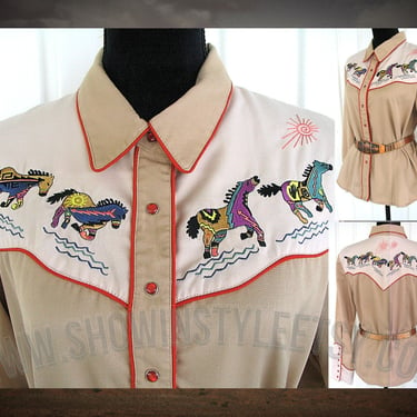 Scully Women's Vintage Western Retro women's Shirt, Cowgirl Blouse, Embroidered Colorful Horses and Ponies, Large (see meas. photo) 