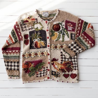 cottagecore sweater 90s vintage Heirloom Collectibles Americana hand knit rooster chicken  vegetables fall autumn granny cardigan 