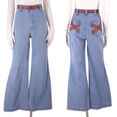 70s FADED GLORY high waisted leather trim bell bottom jeans 29