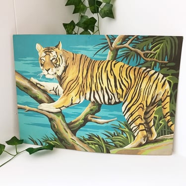 Paint by Number Tiger on a Branch Jungle Scene Nature Naturalist - Boho Home Decor Tropical Animal Vibrant Teal 