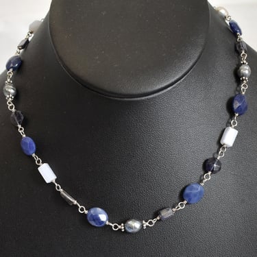 70's sterling and stones choker, iolite banded agate peacock white & grey pearl 925 silver necklace 