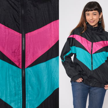 90s Windbreaker Black Striped Zip Up Track Jacket Pink Blue Chevron Color Block Warmup Retro Streetwear Lined Nylon Vintage 1990s Medium M 