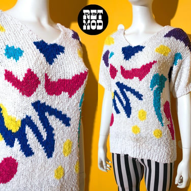 Memphis Design Vibes Vintage 80s 90s White Bouclé Short Sleeve Sweater Top with Color Shapes 